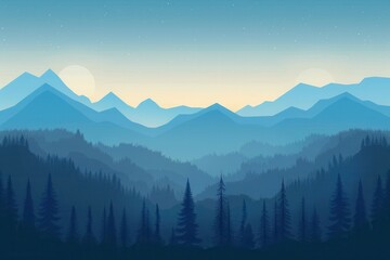 Silhouetted Pine Trees in Front of a Misty Mountain Range Under a Starry Sky