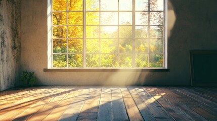 Sunlit Empty Room with Large Window Overlooking Autumn Foliage and Wooden Floor in Tranquil Setting