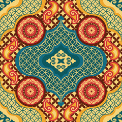 Ornate Geometric Seamless Pattern with Floral and Swirl Elements