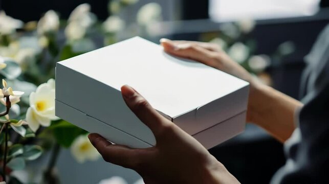 A pair of hands holding a simple gift box near beautiful flowers.