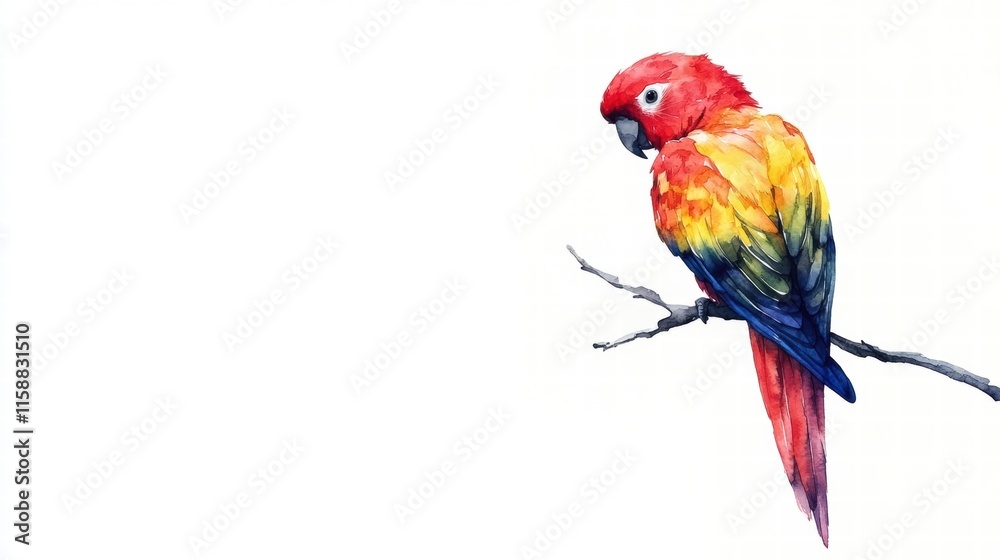 Poster Brightly colored parrot perched on a branch with ample space for creative text or designs. Generative AI
