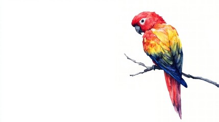 Fototapeta premium Brightly colored parrot perched on a branch with ample space for creative text or designs. Generative AI