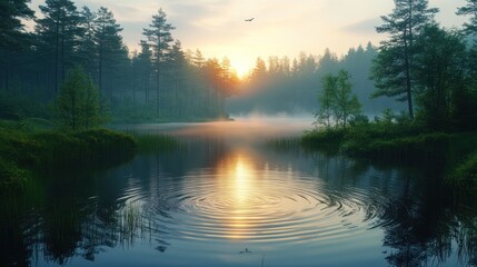 Obraz premium Misty sunrise over tranquil forest lake.