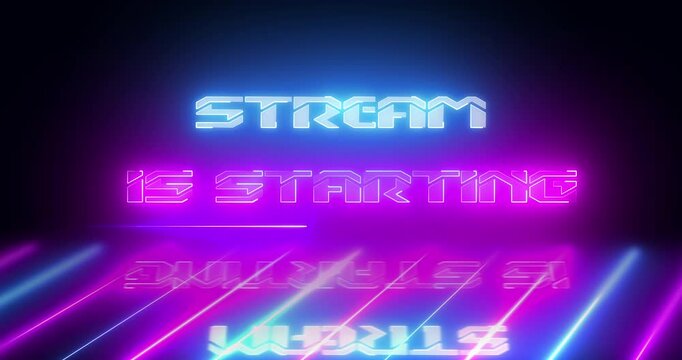 Stream starting soon motion graphic loop 4K. Neon stream starting gamer livestream starting pause video bg. Neon glow grid bg moving 3d video. Overlay template game advertising announcement concept.
