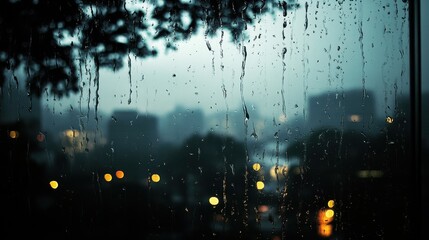 Raindrops on Glass with Blurred City Lights in Background at Twilight