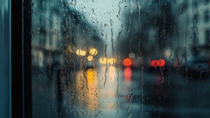 Raindrops on Window with Blurred City Lights at Dusk