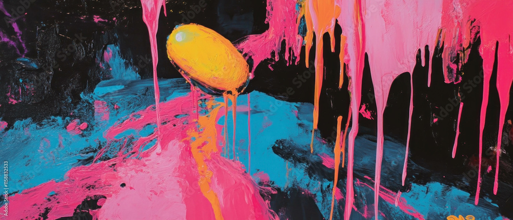 Poster vibrant paint drips create a colorful overlay texture in artistic composition