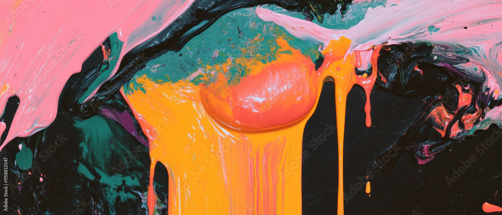 Poster Vibrant paint drips create an abstract texture in bold colors and fluid patterns