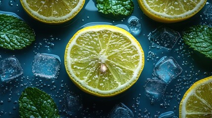 Refreshing lemon slices, mint leaves, and ice cubes on a dark blue background.