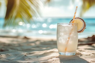 tropic summer vacation; Exotic drinks on blur tropical beach background 