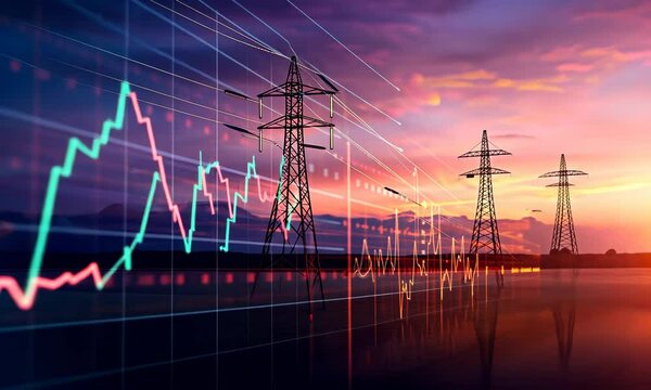 Data Visualization of Energy Trading: A modern representation of energy market data using a candlestick chart against a blurred background of infrastructure.
