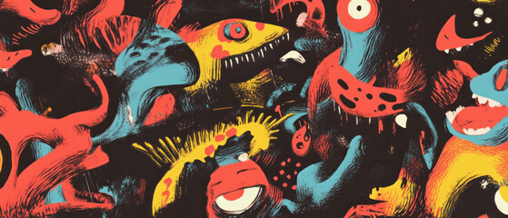 Whimsical doodles overlay texture featuring vibrant colors and playful monster designs