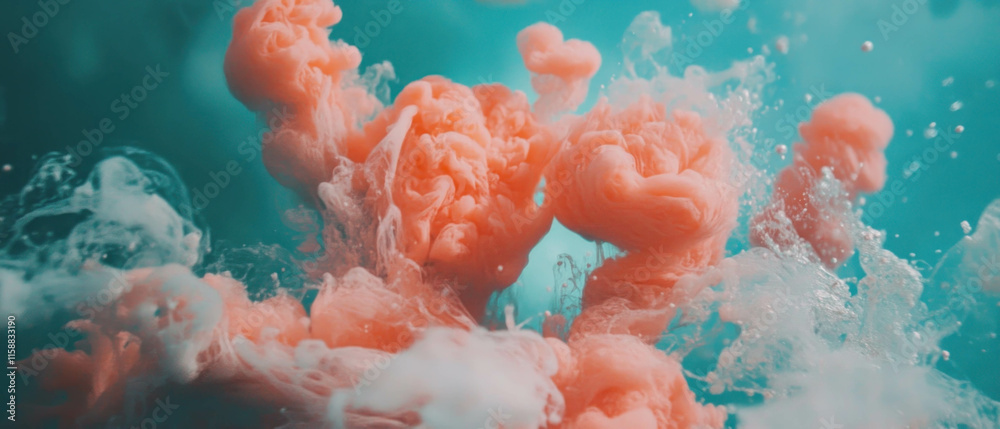 Poster swirling ink in water creates vibrant abstract patterns with dynamic movement