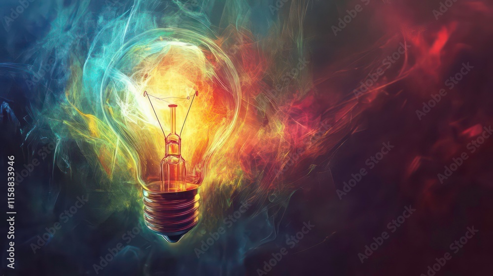 Poster glowing lightbulb in colorful smoke, symbolizing creativity and innovation.