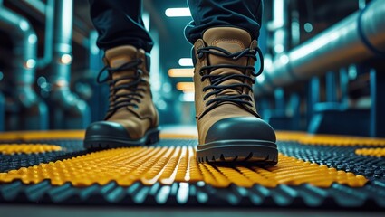 Durable Work Boots on Safety Mat in Industrial Setting