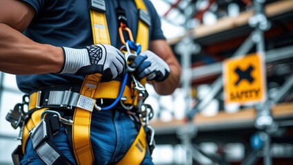 Worker Securing Safety Harness on Construction Site