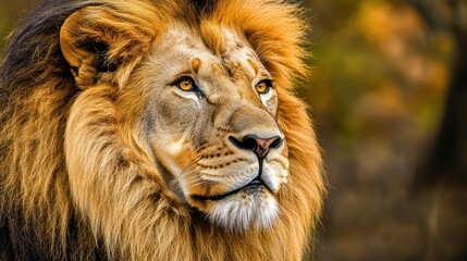 Obraz premium Portrait of a Majestic Male Lion with Golden Mane in Serene Natural Habitat