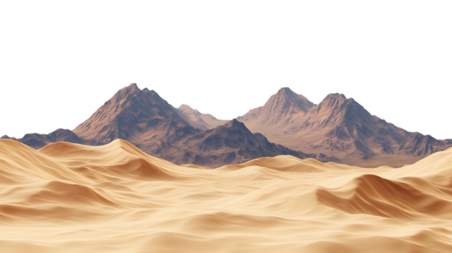 Sand dunes and mountain landscape with rolling dunes and rugged peaks, isolated on a transparent background in PNG format. - Powered by Adobe