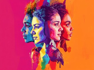 Bold poster design promoting gender equality, featuring a diverse group of women with powerful symbolic gestures, vibrant colors, and motivational typography