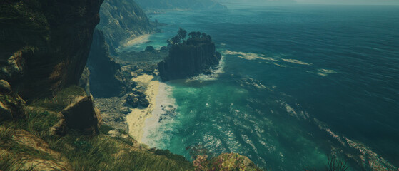 Cinematic view of coastal cliffs and serene ocean waves at golden hour