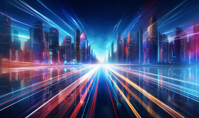 Fototapeta premium Futuristic city technology with digital glowing light reflection on background. Town with neon futuristic technology background. Motion effect. High speed light