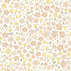 Vector illustration. Seamless pattern of pastel brown, yellow flowers on a light background. Delicate floral pattern, field of small  flowers, print for fabric, textile, wallpaper, baby clothes,
