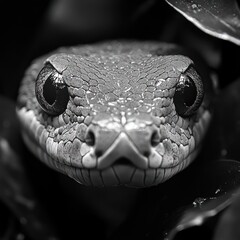 Fototapeta premium Close-up monochrome portrait of a snake's head emerging from foliage.