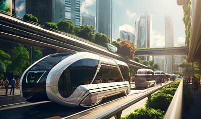 Autonomous public transport in a futuristic city. Transporting passengers in the center of a modern city.