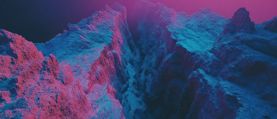 Dramatic canyon view with colorful rock formations under vibrant lighting