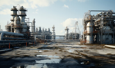 Fototapeta premium Industrial zone for the processing of oil and natural gas. Steel pipelines, valves and pumps.