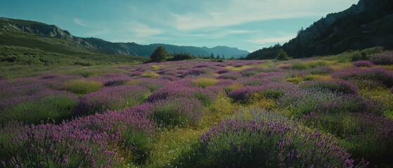 Expansive lavender fields in full bloom under a clear blue sky