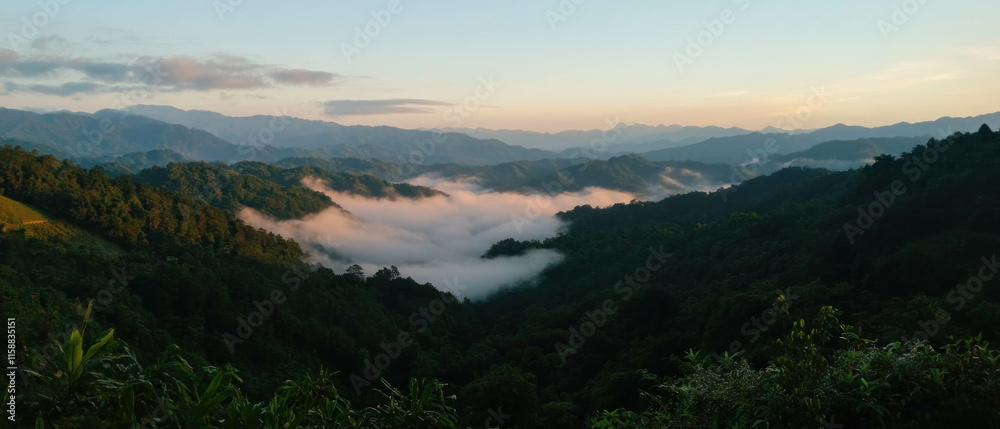 Poster fog blankets distant mountains creating a serene and cinematic landscape at dawn