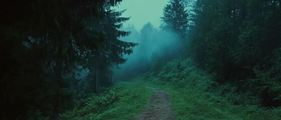 Obraz premium Misty forest path reveals tranquility and mystery in the early morning light