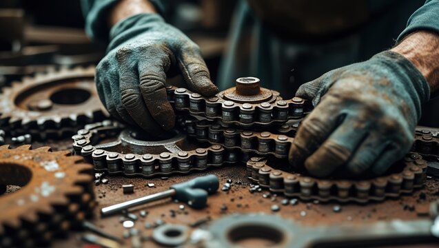 Hands Assembling Rusted Gears and Chains