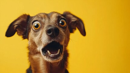 Surprised Dog Photo, Expressive Dog Image, Funny Dog Expression, Brown Dog on Yellow Background, Cute Pet Photography