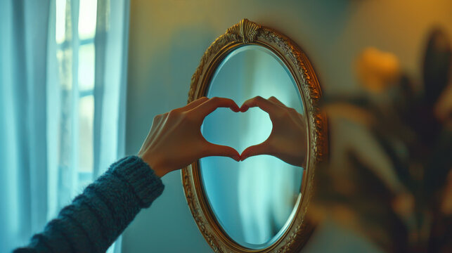 Conceptual Photo for Love and Relationship. Love Yourself. Single Person using Hand to Form a Heart Shape on the Mirror. Fill Yourself with Romance on Valentines Day
