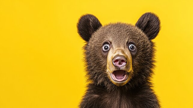 Cute Bear on Yellow Background, Baby Bear with Surprised Expression, Adorable Animal Close-Up Photo