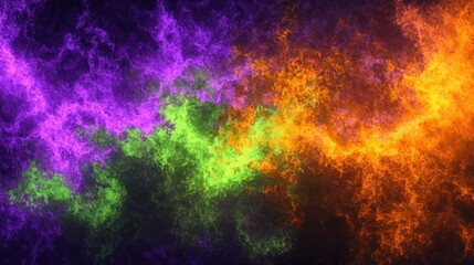 Abstract colorful fire swirls, purple, green, orange flames background.