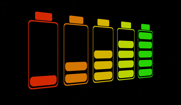 Close up battery with different charge levels from low to full charged. Energy consumption, energy efficiency, rechargeable, mobile device, technology, electricity, energy storage and progress bar.
