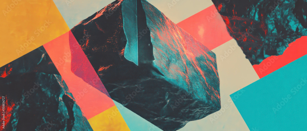 Poster overlay texture featuring abstract geometric shapes in vibrant colors and forms