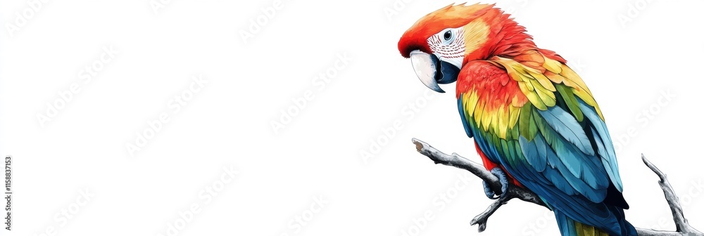 Poster bright parrot illustrated perched on a branch with vibrant colors and natural detail in a creative m