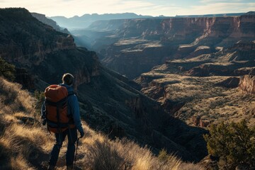 Obraz premium A hiker with a backpack standing at the edge of the Grand Canyon, taking in the vast landscape during sunrise