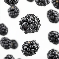 Falling blackberries captured in dynamic motion against a pure white background