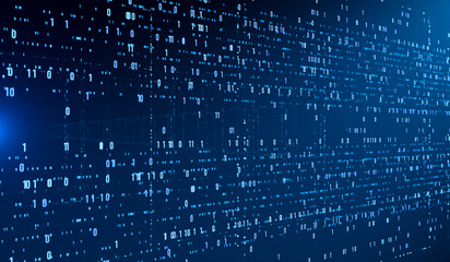 Close up screen with big data, abstract digital data, binary code. Zero and one, sequence, program, science, futuristic and technology. 3D illustration