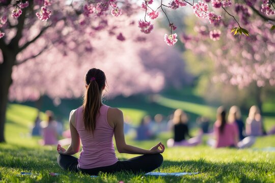 A serene outdoor yoga class under cherry blossom trees, featuring a group of participants meditating in a peaceful natural setting