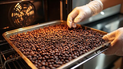 Home roasting process of coffee beans in an oven with warm, inviting light