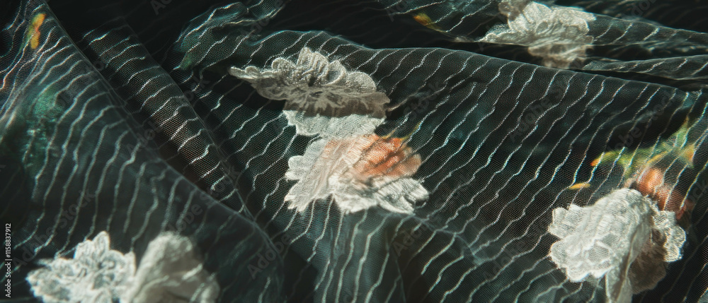 Poster delicate lace overlay texture with intricate floral patterns on dark fabric