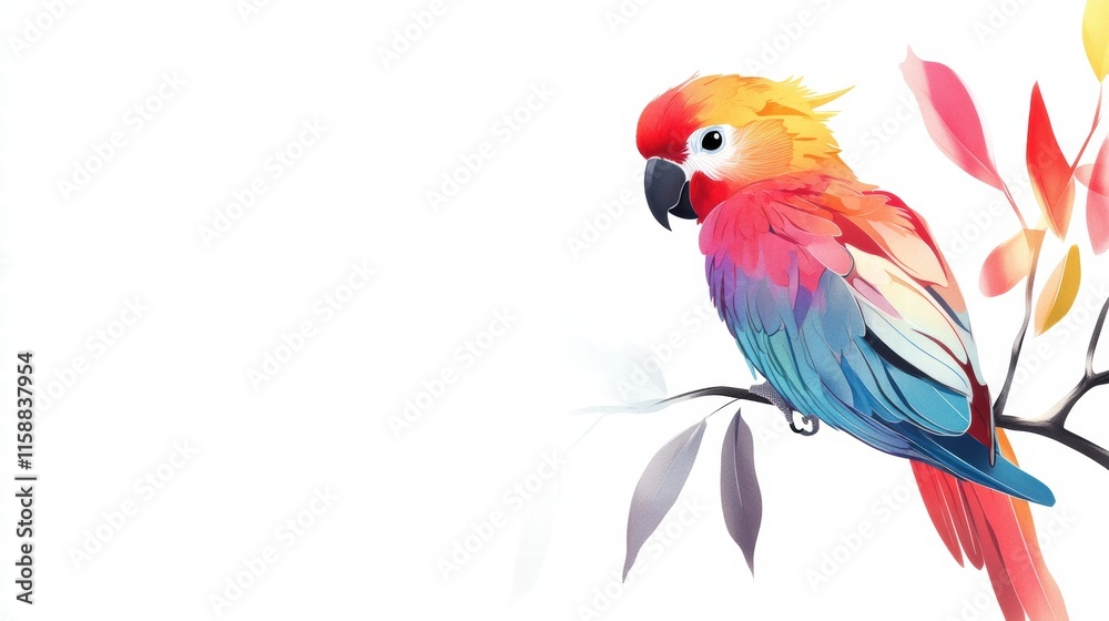 Aufkleber bright parrot perched on a branch with vibrant colors against a white background for text placement.