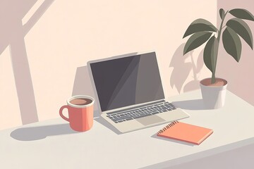graphic illustration of laptop on clean light gray desk with cup of coffee and notebook nearby