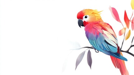 Obraz premium Bright parrot perched on a branch with vibrant colors against a white background for text placement. Generative AI